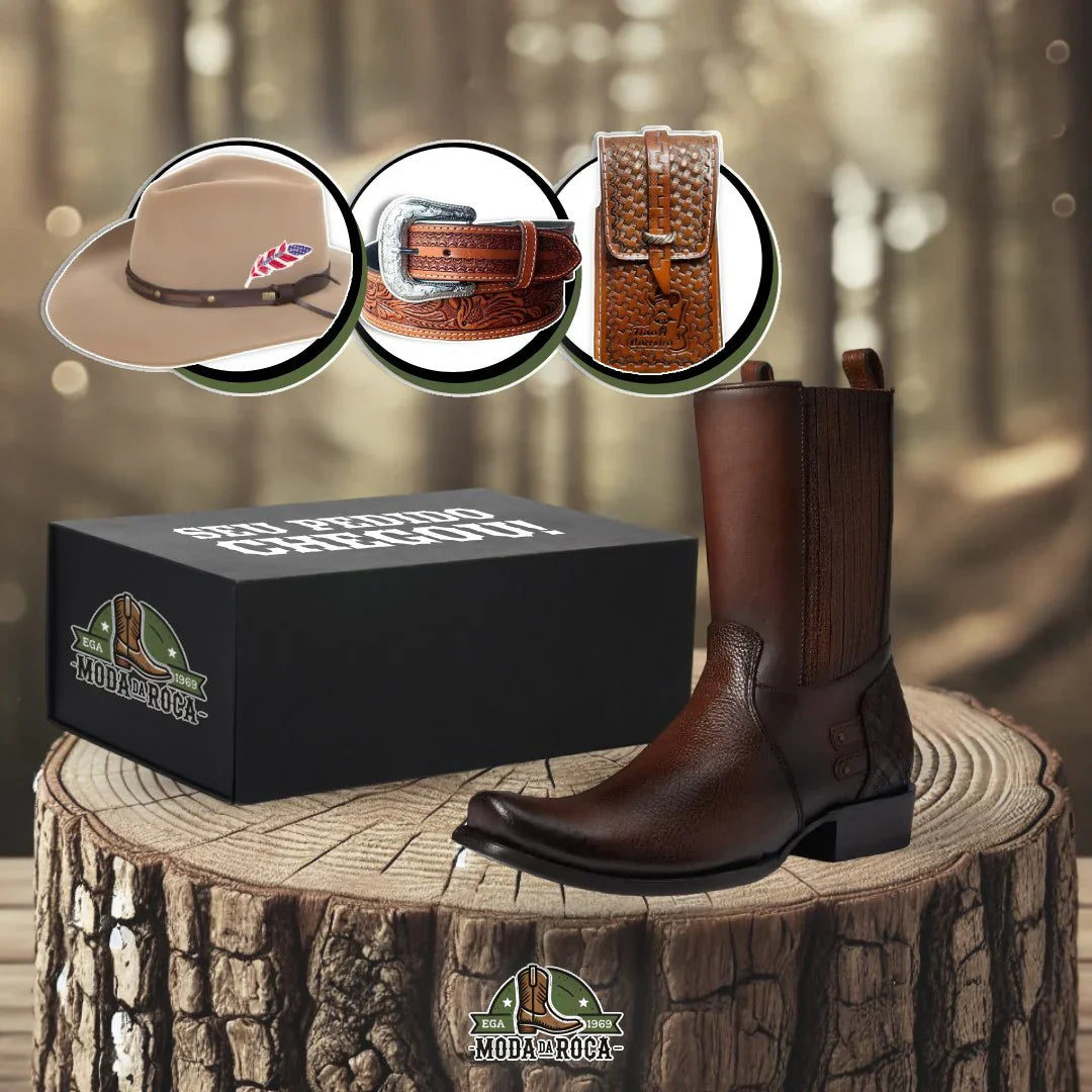 Kit Bota Maverick 2.0 Masculino de Couro Legítimo + 3 BRINDES: Cinto, Chapéu e Carteira