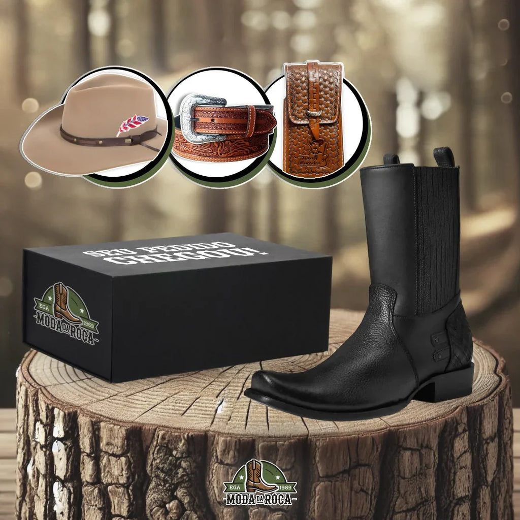 Kit Bota Maverick 2.0 Masculino de Couro Legítimo + 3 BRINDES: Cinto, Chapéu e Carteira
