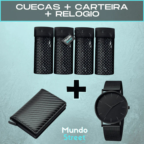 (8 Cuecas Pelo Preço de 4) Cueca Box com Tecido Respirável + Carteira Slim + Relógio All Black