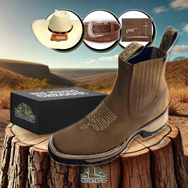 Kit Botina Brave Texana de Couro Robusto e Sofisticado + Brindes: Chapéu, Cinto e Carteira