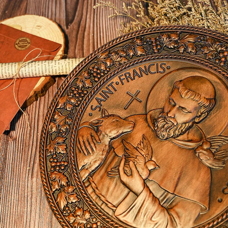 Ícone Religioso de São Francisco de Assis Esculpida em Madeira Natural