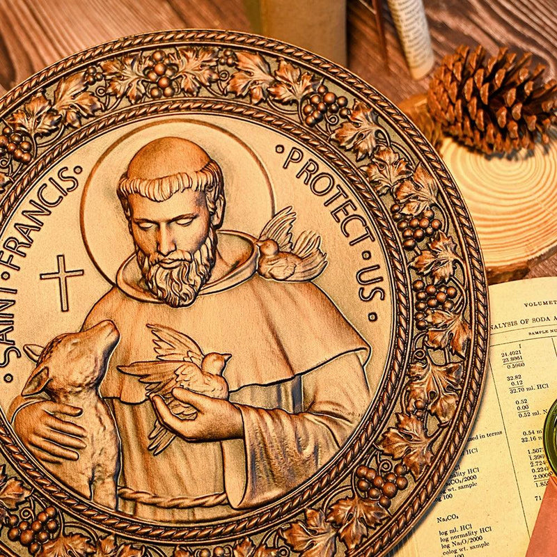 Ícone Religioso de São Francisco de Assis Esculpida em Madeira Natural
