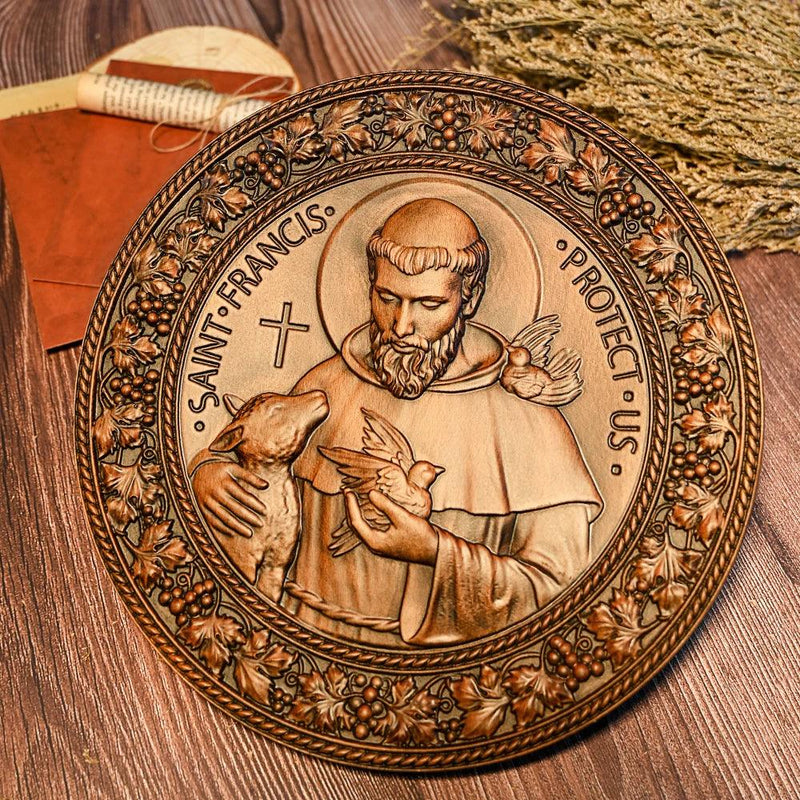 Ícone Religioso de São Francisco de Assis Esculpida em Madeira Natural