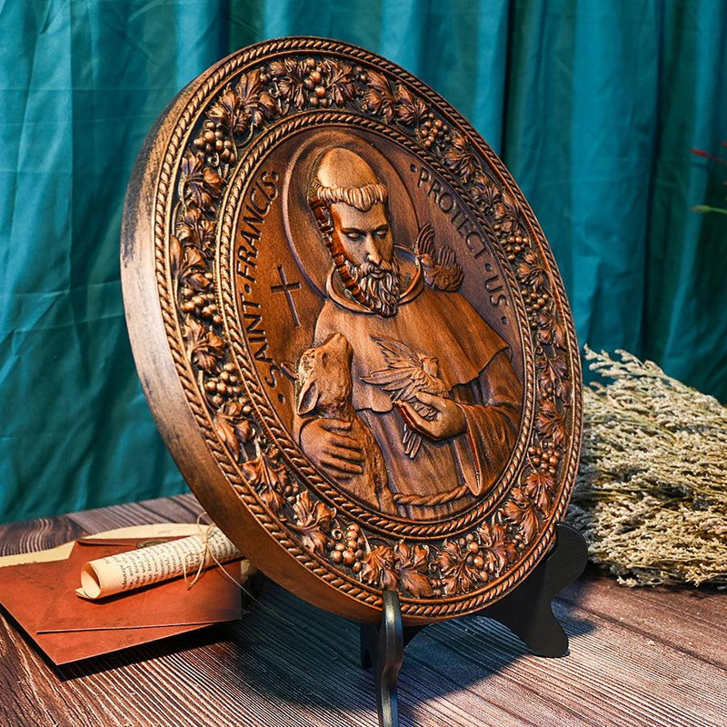 Ícone Religioso de São Francisco de Assis Esculpida em Madeira Natural