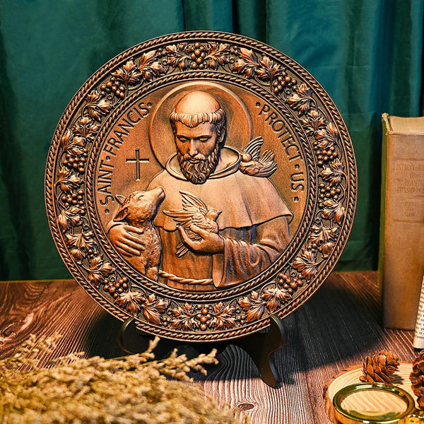 Ícone Religioso de São Francisco de Assis Esculpida em Madeira Natural