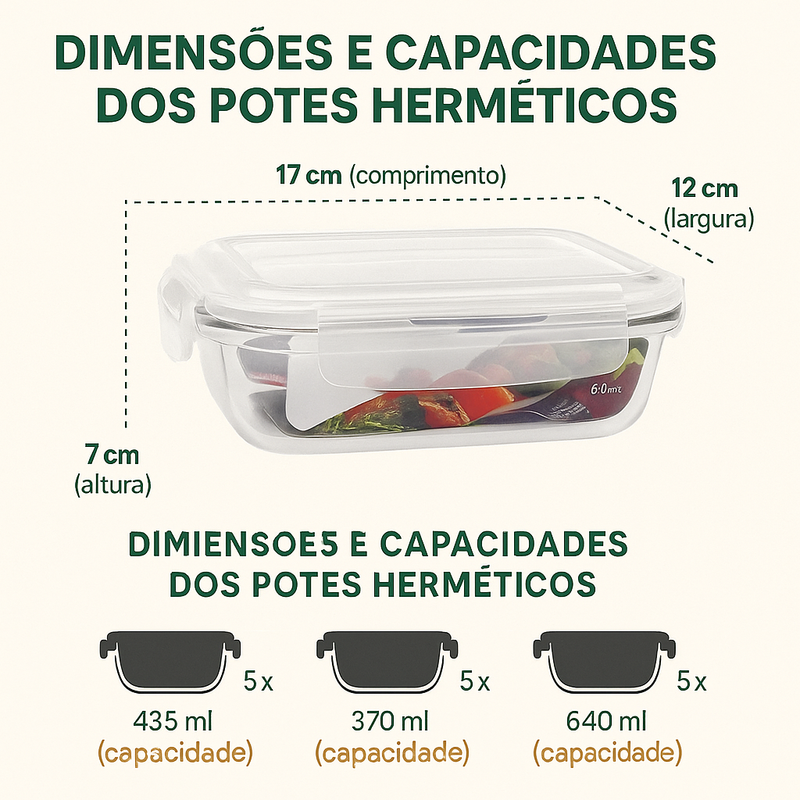 Kit 15 Potes Herméticos de Vidro + 10 Copos de Vidro Aruba de Brinde
