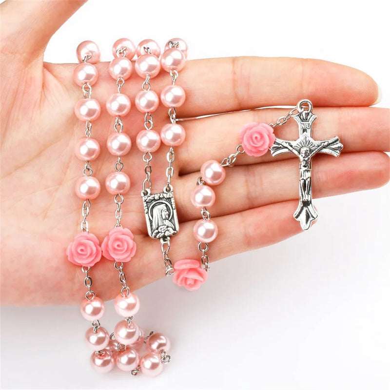 Terço Virgem Maria com Rosas de Contas de Vidro