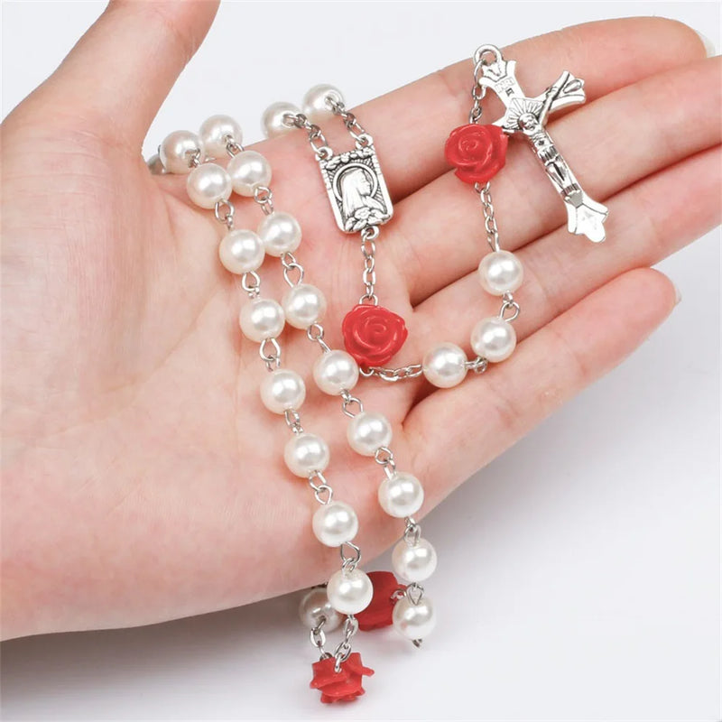 Terço Virgem Maria com Rosas de Contas de Vidro