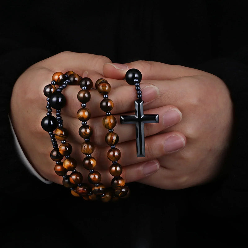 Colar de Cruz de Hematite Natural