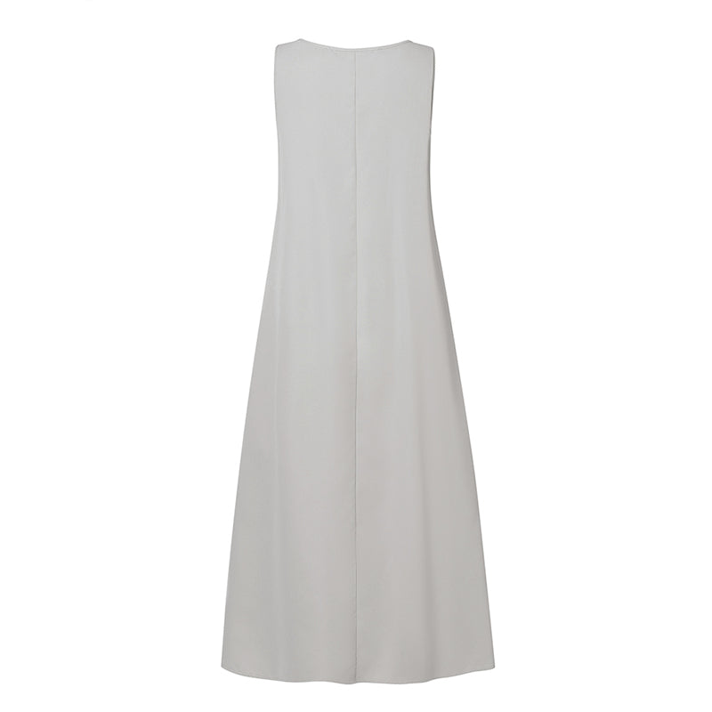 Vestido Eloá Midi sem Mangas Pregas no Decote e Bolsos Frontais