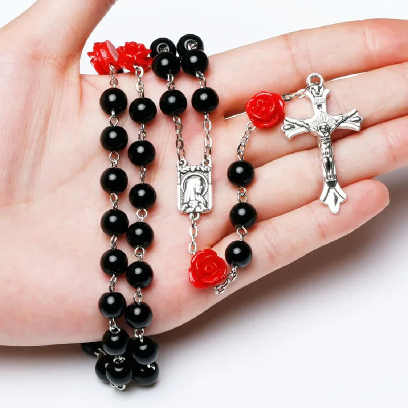Terço Virgem Maria com Rosas de Contas de Vidro