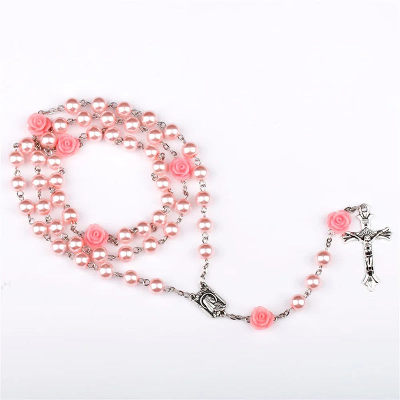Terço Virgem Maria com Rosas de Contas de Vidro