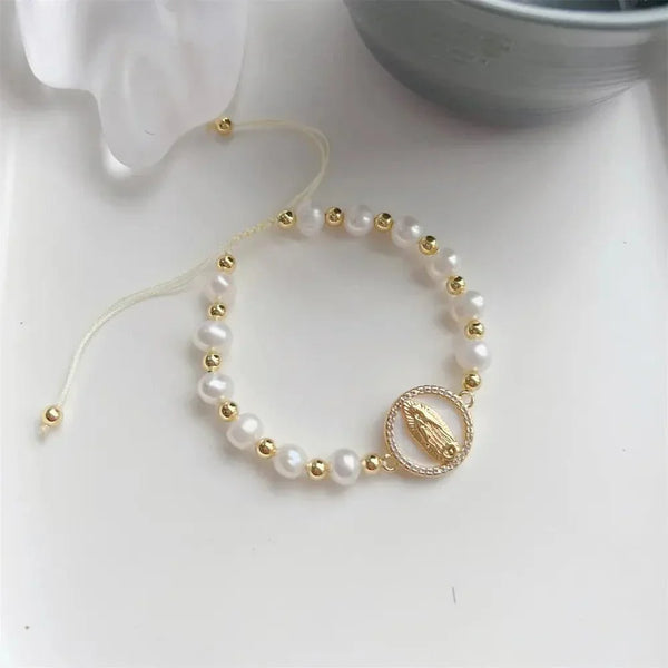 Pulseira Natural de Pérolas de Água Doce da Virgem Maria