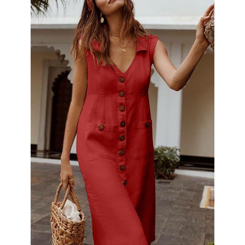 Vestido Cecília Midi Decote V com Gola Botões e Bolsos Frontais