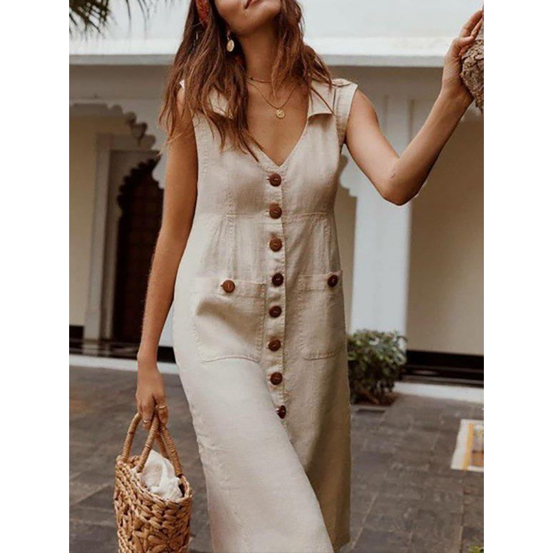 Vestido Cecília Midi Decote V com Gola Botões e Bolsos Frontais
