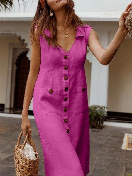 Vestido Cecília Midi Decote V com Gola Botões e Bolsos Frontais