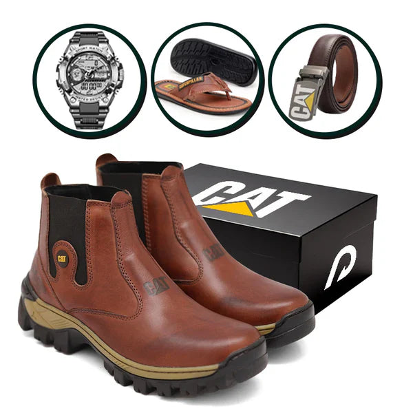 Bota Masculina Adventure em Couro Legítimo | +3 Brindes: Chinelo, Relógio e Cinto