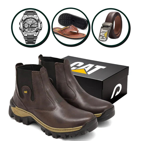 Bota Masculina Adventure em Couro Legítimo | +3 Brindes: Chinelo, Relógio e Cinto