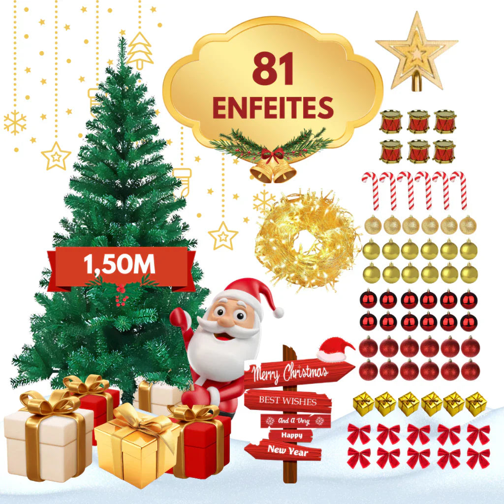 Árvore Natal Pinheiro Premium 200 Galhos Enfeitada Decorada + Kit Completo Enfeites